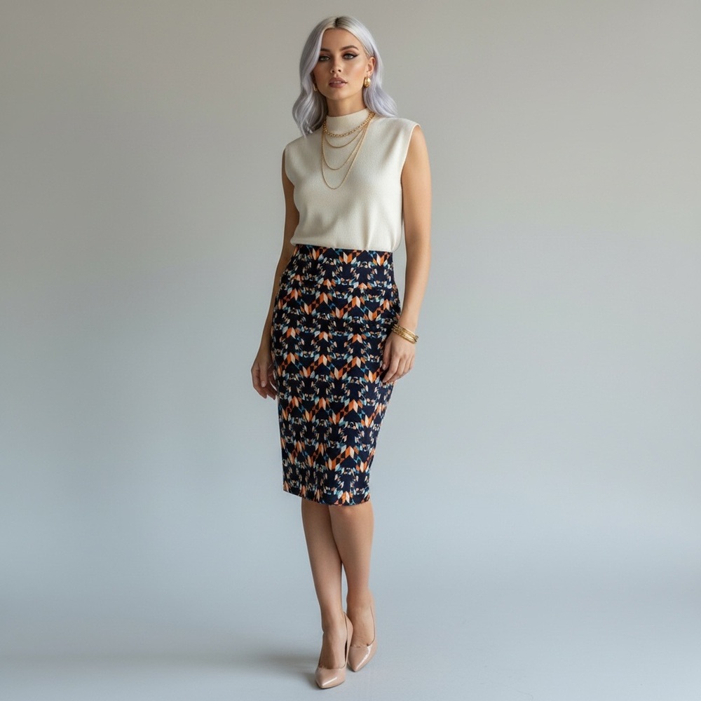 LuLaRoe Cassie Navy Patterned Stretch Knit Pull On Bodycon Pencil Skirt